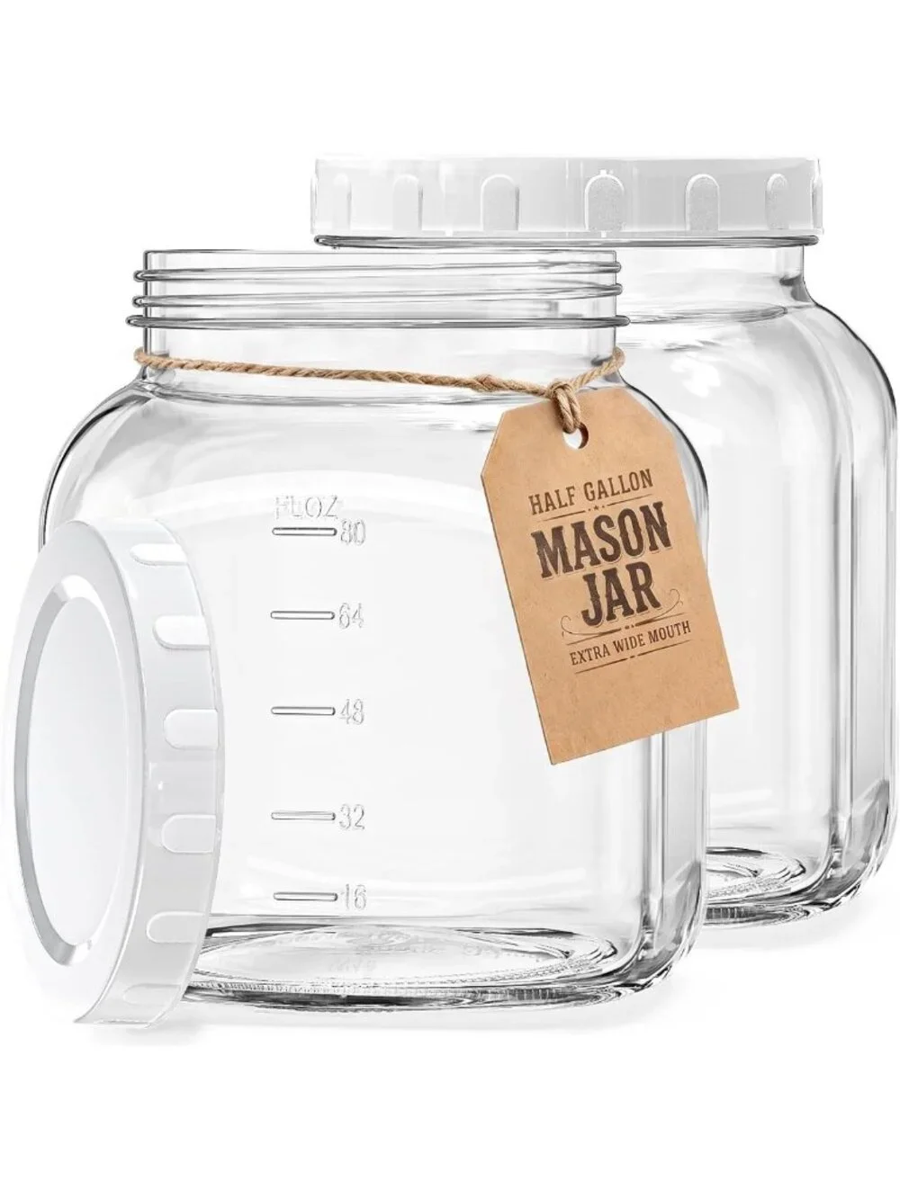 Airtight Wide Mouth Glass Mason Jars - 0.8 Gal Storage Containers, Set of 2